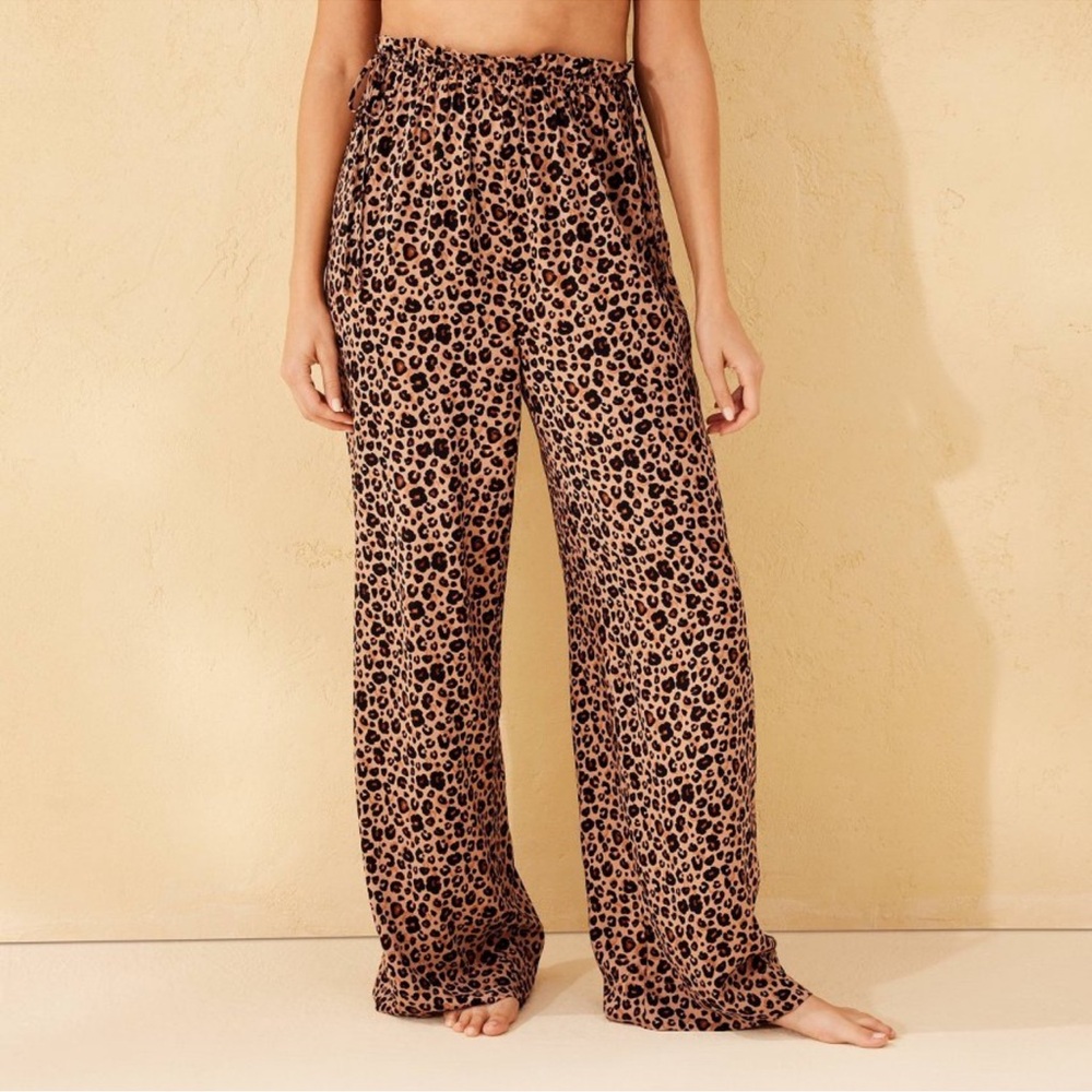 Leopard Print Wide-Leg Women’s Swim Cover-Up Pants - Tan/Black